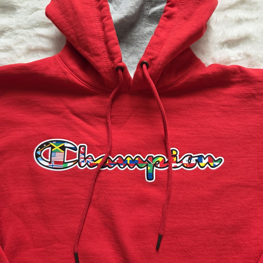 Champion Bright Red Hoodie with Multicolor Flag Logo